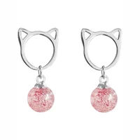 trend s925 silvery cat drop earrings simple hollow cute animal jewelry dangle dainty strawberry stone women valentines day gift