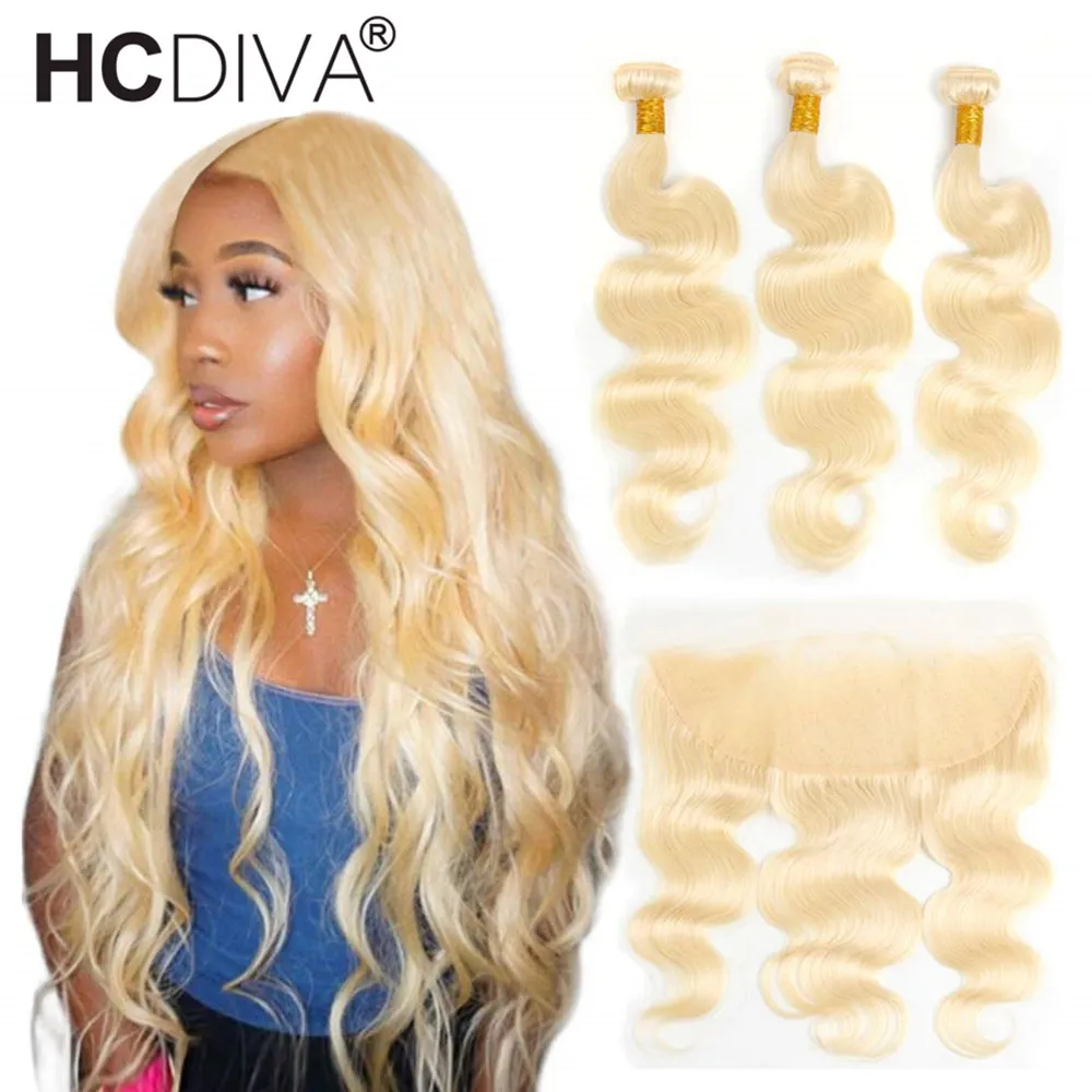 

613 Blonde Bundles With Frontal Brazilian Body Wave Remy Blonde Human Hair With Closure 3 Bundles With Lace Frontal Closure