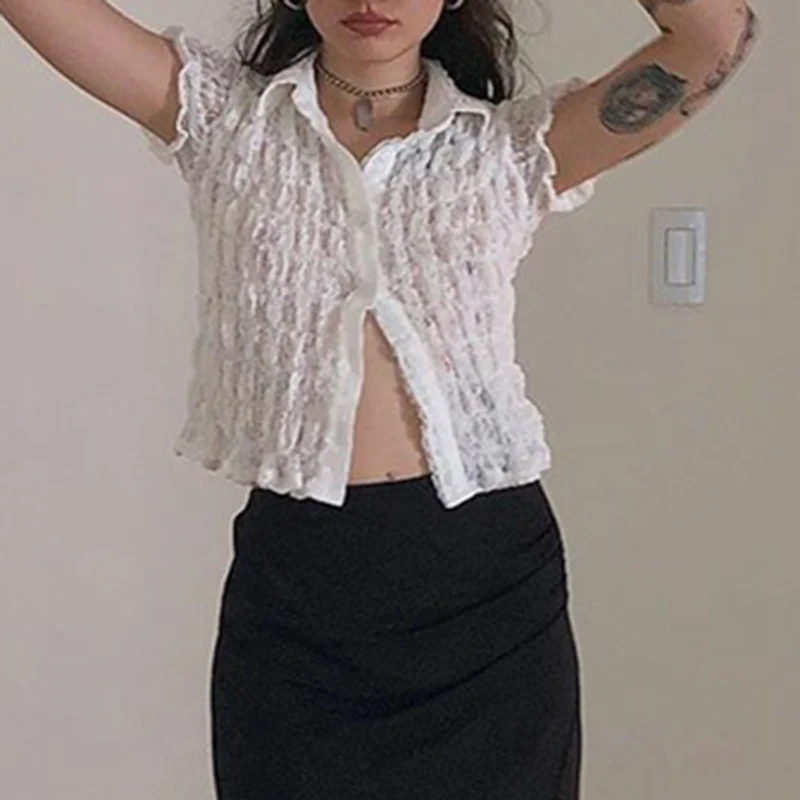 Женские летние кружевные футболки с воротником поло складные Пузырьковые