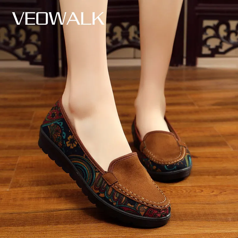 Женские туфли Veowalk в стиле ретро из хлопчатобумажной ткани на плоской подошве с