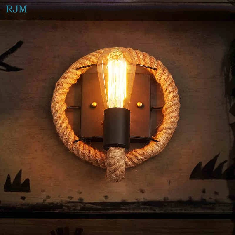 

American Village Hemp Rope LED Wall Lamps Retro Creative Personality Bar Iron Wall Light Balcony Aisle Staircase Lighting Decor