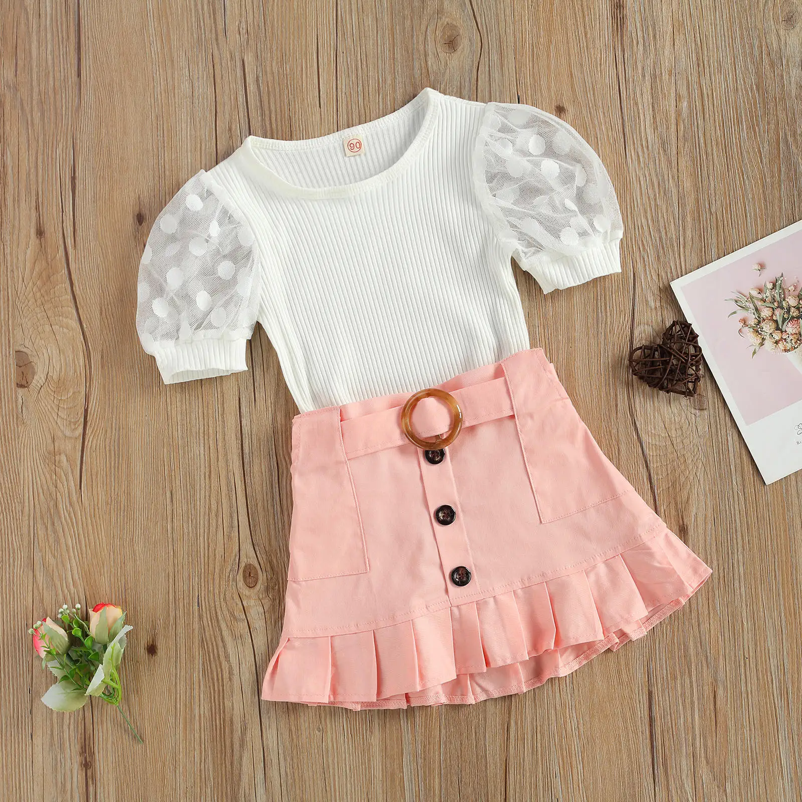 

OPPERIAYA Toddler Contrast Color Two-pieces Summer Set Baby Girls O-neck Short Sleeve Tops High Waist Button Decoration Skirts