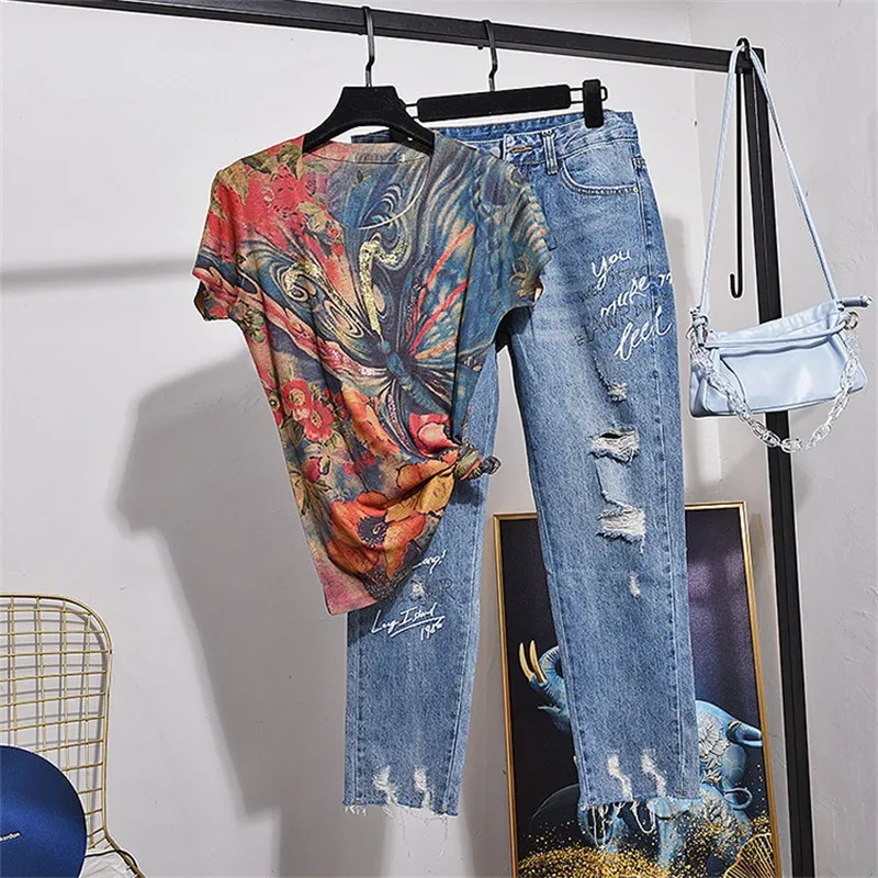 

Vintage Print T-shirt Holes Denim Pants Two Piece Set Women Summer Streetwear Casual O-Neck Short sleeve T shirt Jean 2pc Female