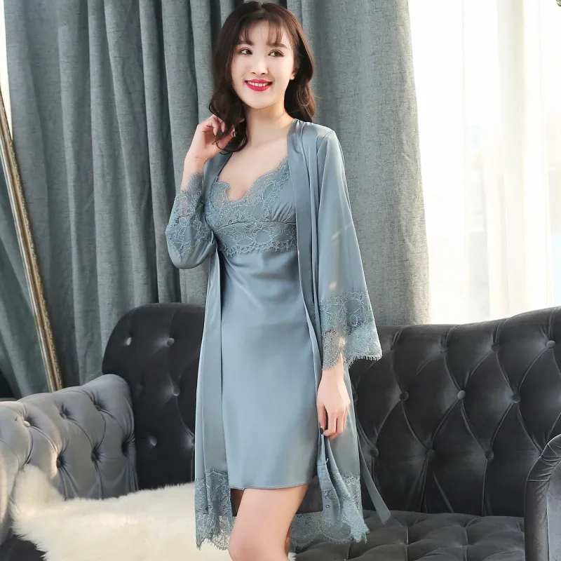 

Women's Sleep Lounge Robe Gown Sets With Chest Pads 2 pcs Sleepwear Womens Sleep Set Femme Lingerie Set Nightwear Lace Homewear