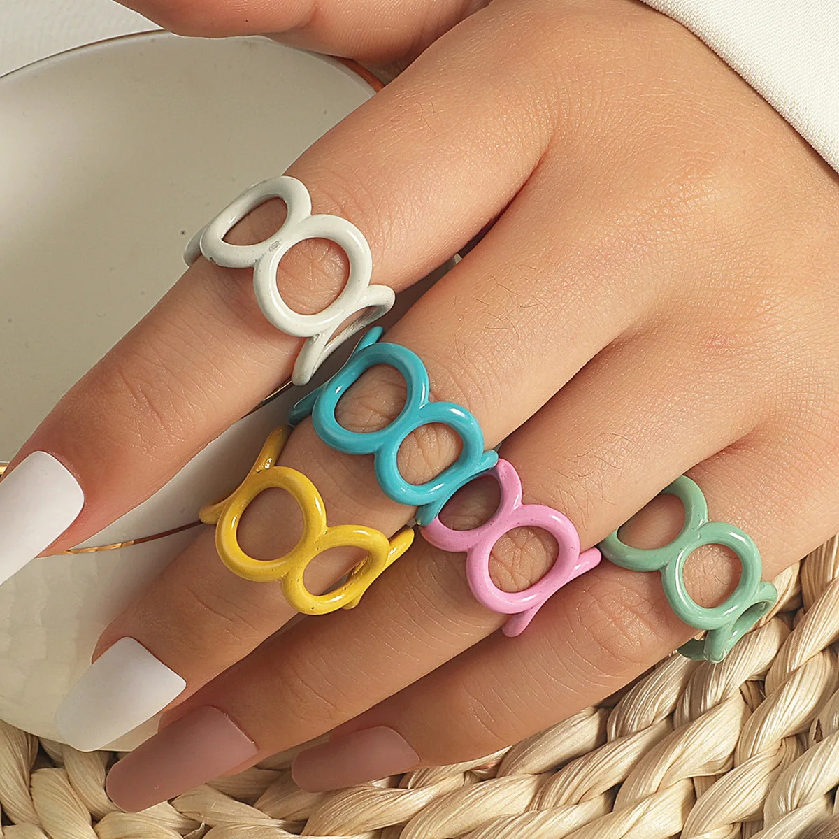 

5 pcs/set ins Style Fashion Trendy Candy Macaron Color Adjustable Rings Women's Simple Geometric Streamline Jewelry Gifts