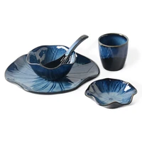 kiln change ceramic tableware dinnerware bowl one person set dish plate sets dark blue plates lotus leaf shape porcelain bowls