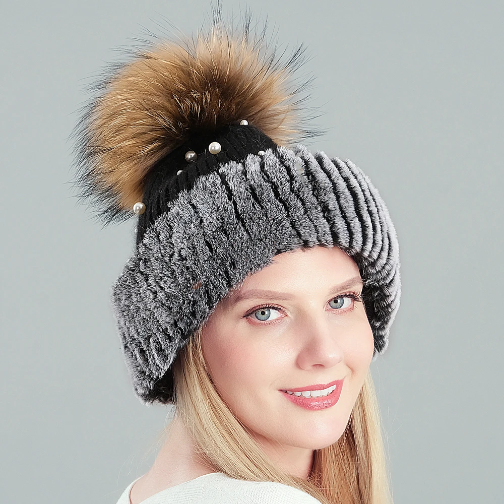 Женская зимняя шапка с помпоном из натурального меха жемчугом|Женские Skullies и