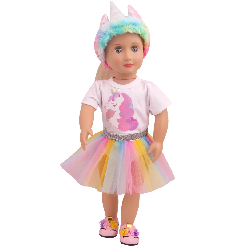 

18 inch Girls doll clothes Colorful unicorn set handmade gauze skirt American newborn dress Baby toys fit 43 cm baby doll c821