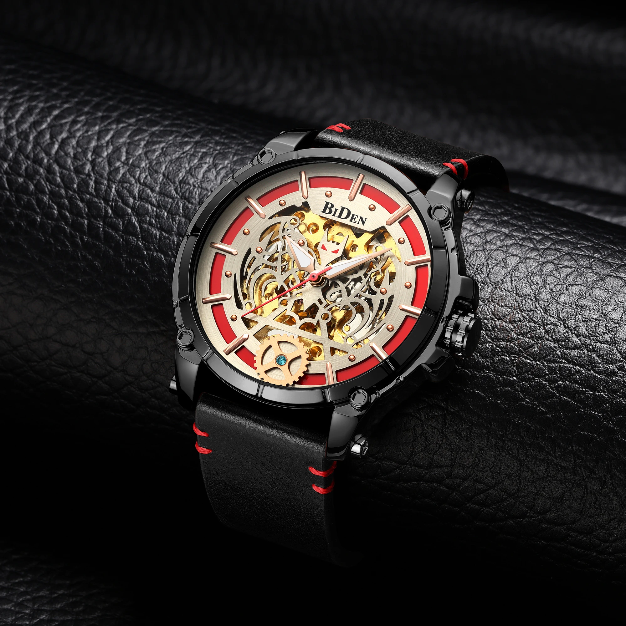 

BIDEN Men's fully automatic mechanical watch with a unique and elegant design with a transparent glass back