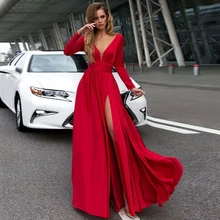 Clásico Vestido De noche rojo De manga larga, con escote en V profundo, abertura alta, largo hasta el suelo, 2022 Robe De Soirée Femme Vestido De Noiva вечернее платье (1)