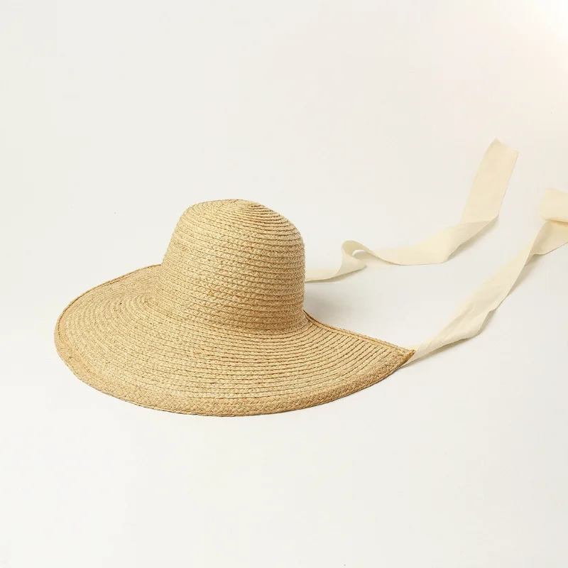 beige ribbon USPOP, новинка, летние солнцезащитные шляпы для женщин, винтажные, ручная работа, рафия, шляпы с широкими полями, на шнуровке, соломенные шляпы, складная пляжная шляпа - Цвет: beige ribbon