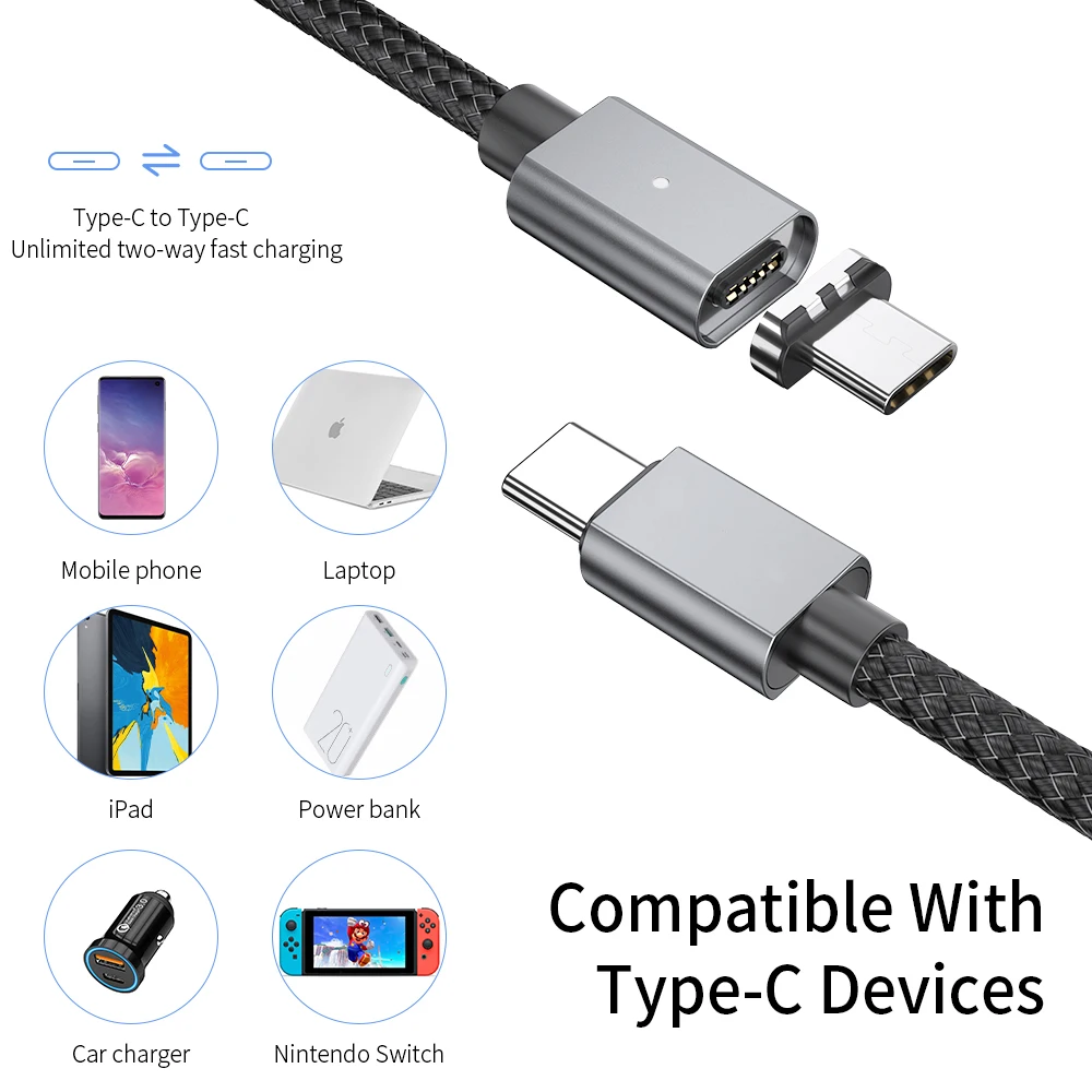 Магнитный кабель USB C к Type для Samsung S20 Xiaomi 10 Redmi Быстрая зарядка 4 0 PD 100 Вт быстрая