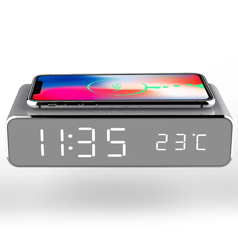 

LED Electric Alarm Clock Digital Thermometer Clock HD Mirror Clock With Phone Wireless Charger And Date With Time Memory