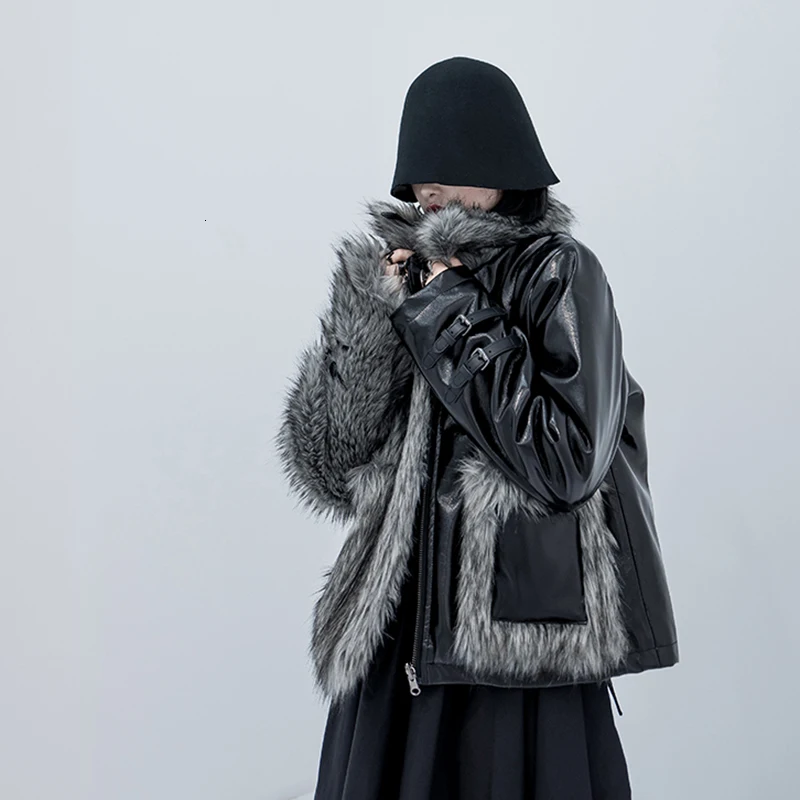 [DEAT]Loose Fit Leather Spliced Hit Color Warm Woolen Coat Parkas New Lapel Long Sleeve Women Fashion Autumn Winter 13E858