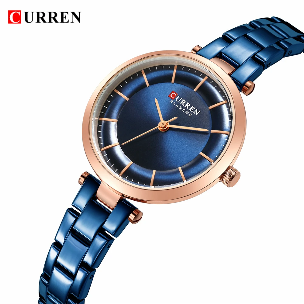

Часы CURREN женские кварцевые с металлическим браслетом, люксовые модные синие наручные, из нержавеющей стали