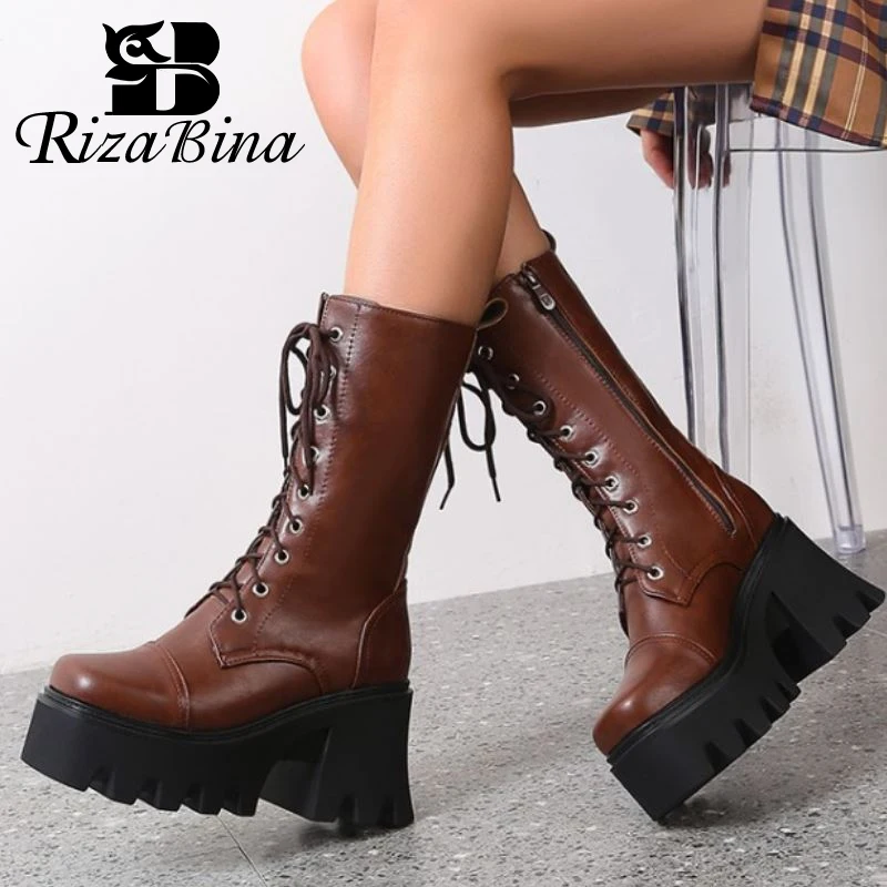 

Женские сапоги до середины икры RIZABINA, зимние сапоги на платформе с перекрестными ремешками, вечерние сапоги, Размеры 35-43