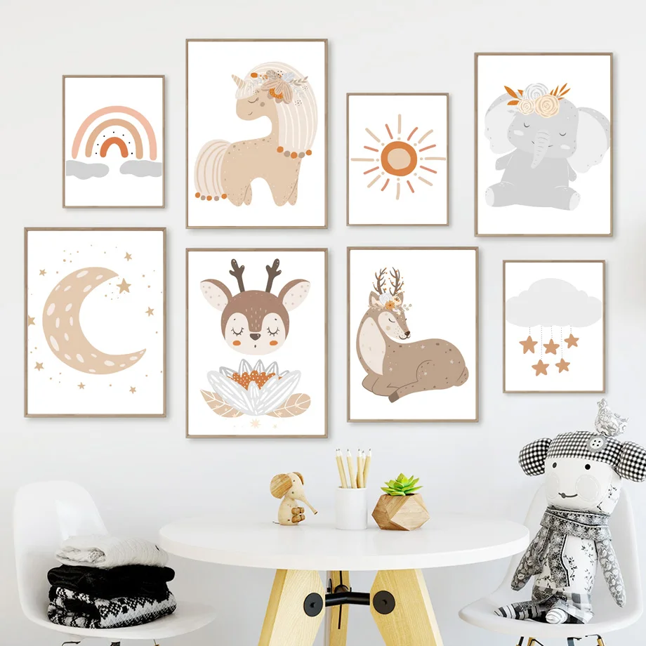 

Girl Nursery Elephant Unicorn Deer Sun Rainbow Wall Art Canvas Painting Nordic Posters And Prints Wall Pictures Kids Room Decor