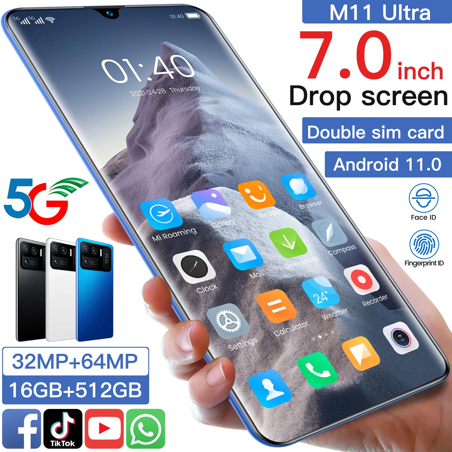 

Hot Sale XIAOM11 Ultra 7.0 Inch Full Screen Dual SIM+Micro SD MTK6889 Deca Core 5G Smartphone 16+512GB 32+64MP Face ID Cellphone