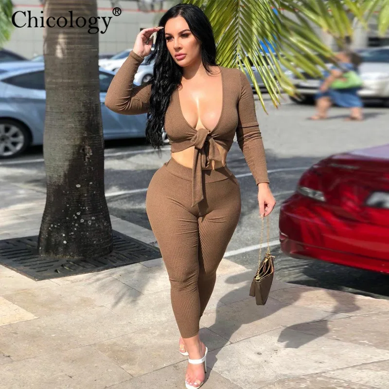 Chicology lace up sexy two piece matching set long sleeve top pants 2 pc club outfits women 2020 winter fall birthday clothes |