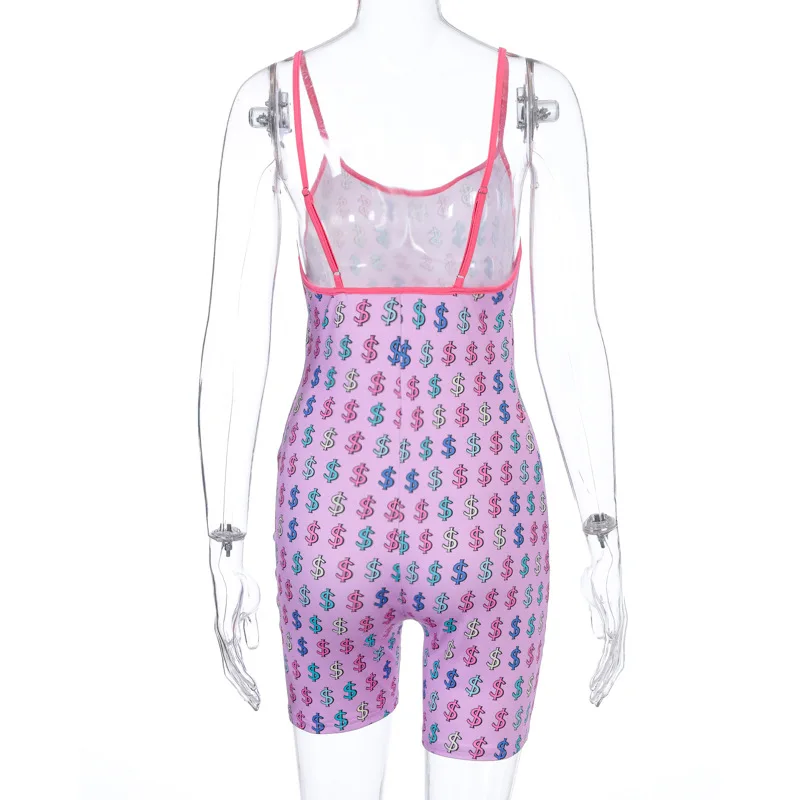 

2020 summer sexy jumpsuits short colorful $ print sleeveless high waist bodycon beack style playsuits street club rompers