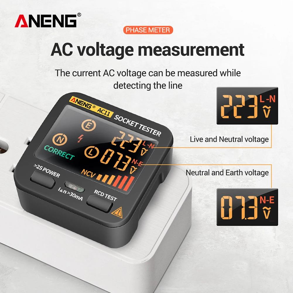 

ANENG AC11 Digital Smart Socket Tester Voltage Test Socket Detector US/UK/EU/AU Plug Ground Zero Line Phase Check Rcd NCV test