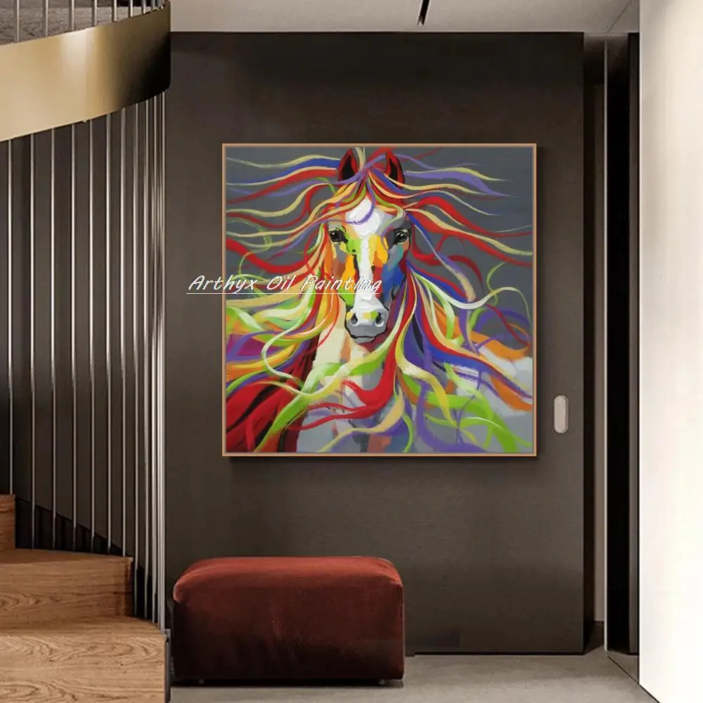 

Arthyx,Handpainted Modern Abstract Horse Cartoon Animal Oil Paintings On Canvas,Wall Art Picture For Living Room Home Decoration