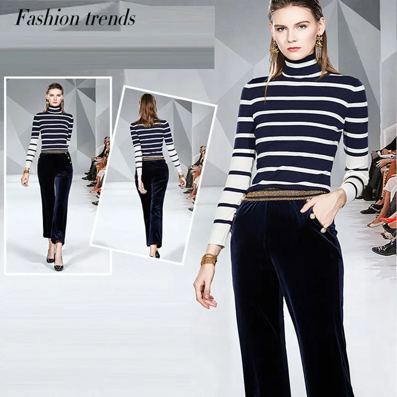 

Stars with the same temperament striped knitted sweater wide-leg pants trousers suit two-piece women's rabbit fur fabric