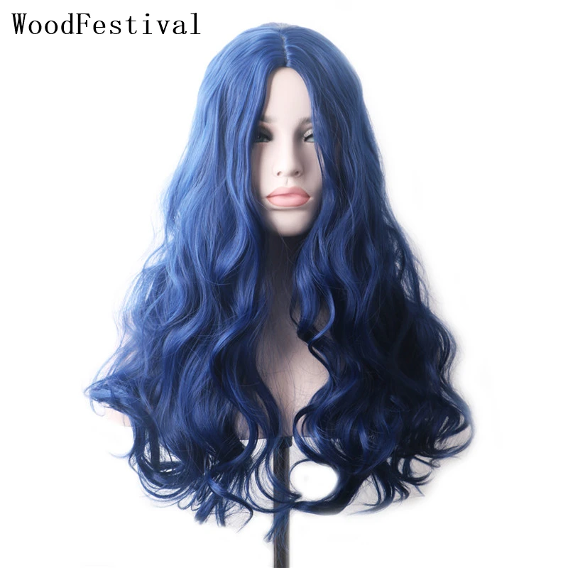 WoodFestival Wavy Hair Synthetic Wig Long Blue Cosplay Wigs For Women Colored Red Pink Blonde Purple Brown Green Black Burgundy