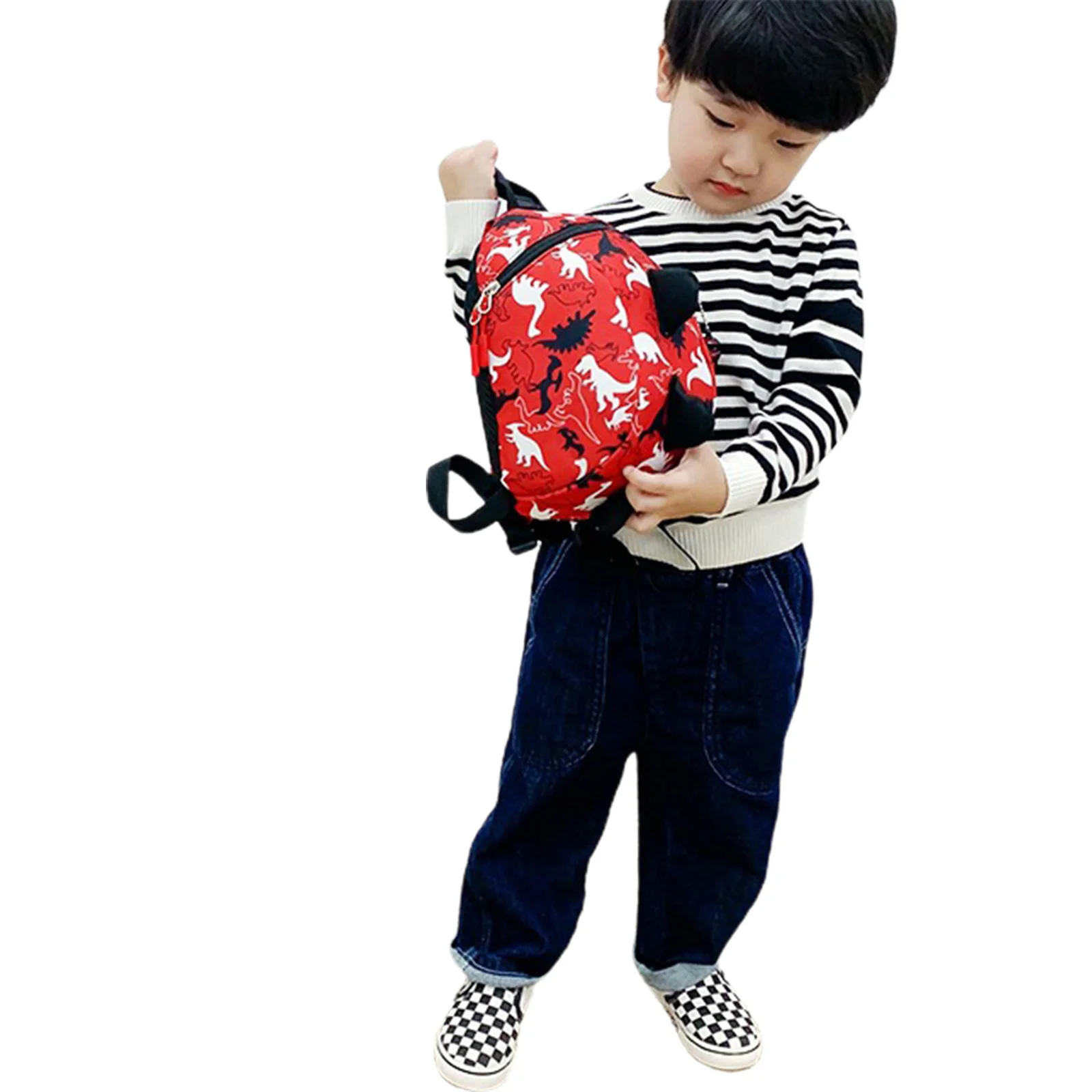 

Children's Cartoon Dinosaur Printed Backpack with Anti-Lost Harness Kids Lightweight Double Zipper Closure Backpack School Bag