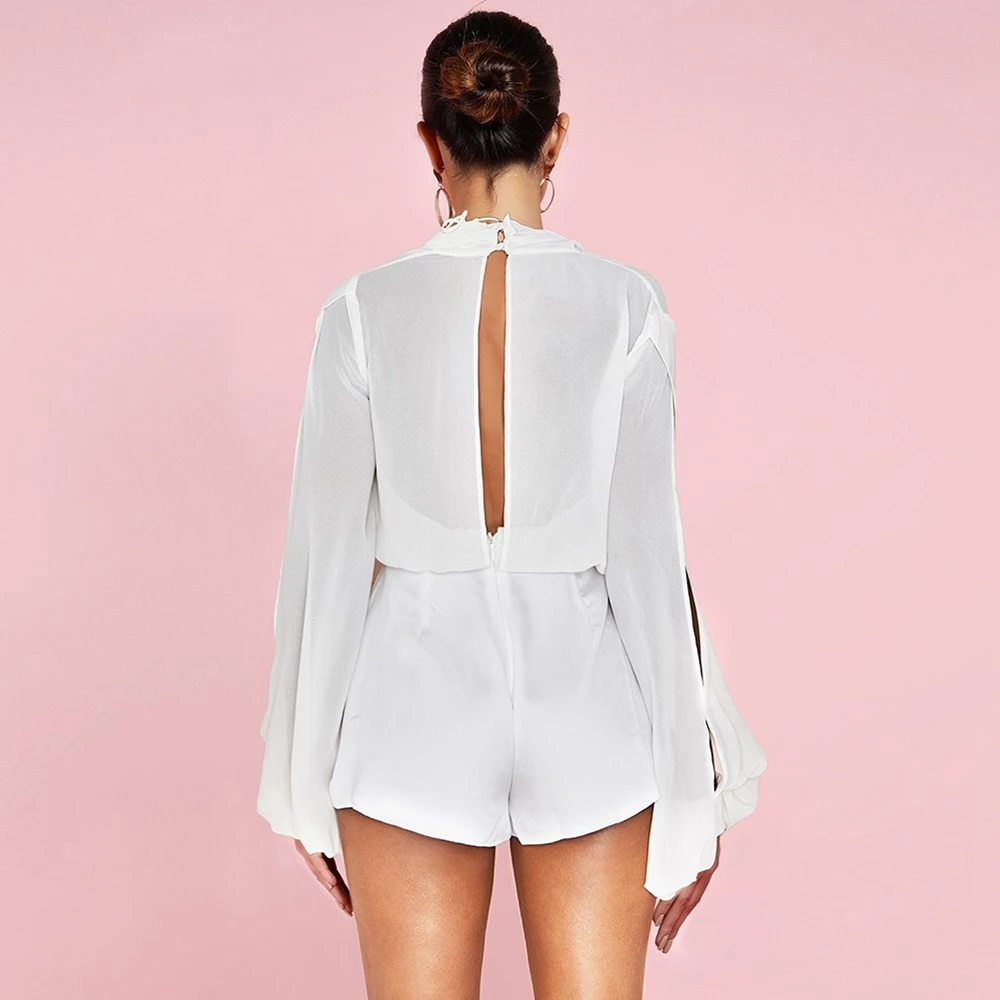 Ocstrade белый V шеи с длинным рукавом мини вырез Bodycon Комбинезоны HI1056-White