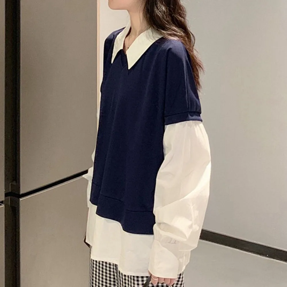 

Japan Style Hoodie Spring Autumn Spring Autumn Korean Fashion Temperament Loose Casual Fake Two Splicing Lapel Long Sleeve