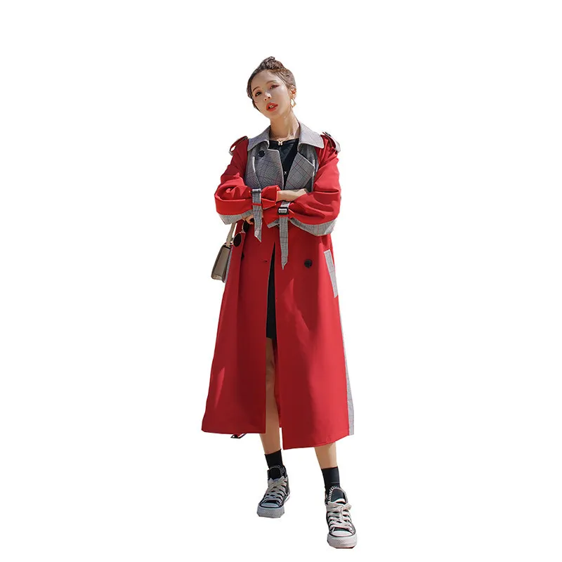 

Temperament of the new grid bump color restoring ancient ways windbreaker female in long loose commuter coat casual jacket