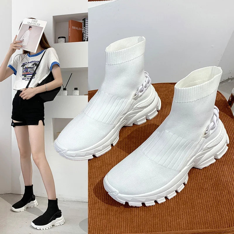 

Internet Celebrity High-Top Stretch Sock Shoes Women's 2021spring New Knitted Daddy Socks Boots Sneakers High Ins