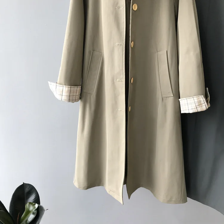 Женское длинное пальто с отложным воротником свободный тренчкот цвета хаки