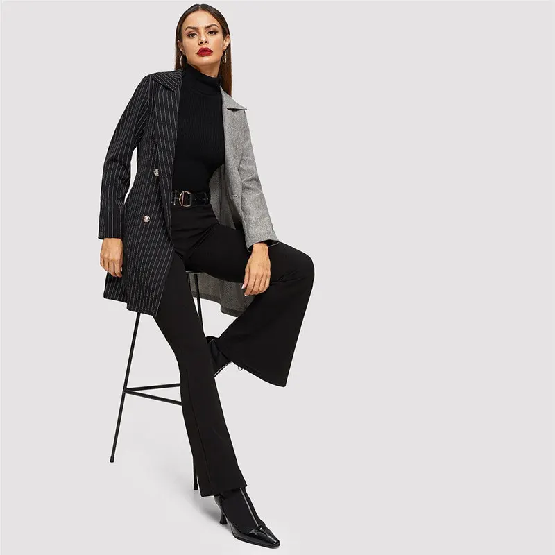 ROMWE Notch Collar Colorblock Striped Coat Women Blazer Autumn Fashion Ladies Jackets Fall Elegant Black Double Breasted Blazer