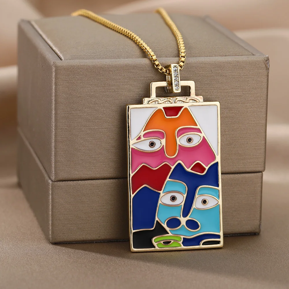 

Vintage Enamel Handmade Painting Necklace for Women Goth Colored Dripping Oil Expression Face Tarot Pendant Necklace Jewelry