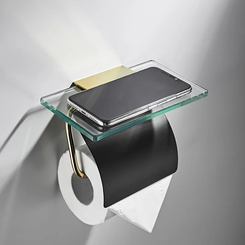 

Toilet Paper Holder Shelf Toilet Paper Roll Storage Rack Wall Mounted Glass and Copper Shelves for Toilet Bathroom Accessories