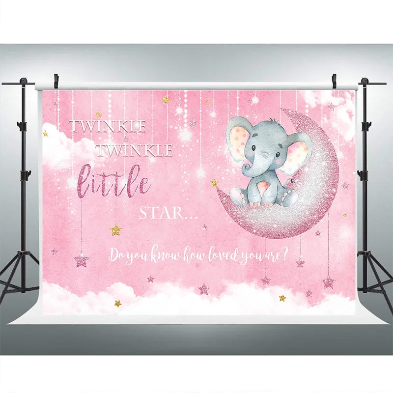 Elephant Baby Shower Backdrop Pink Moon Twinkling Stars Photography Background Party Decoration Banner | Электроника