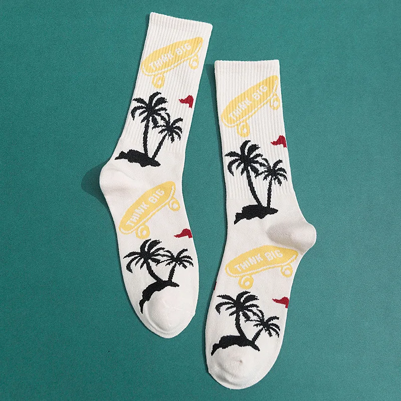 coconut palm PEONFLY, новинка, осенне-зимние носки для мужчин, Harajuku, чёсаный хлопок, счастливые носки, забавные иллюстрации, Calcetines Largos Hombre - Цвет: coconut palm