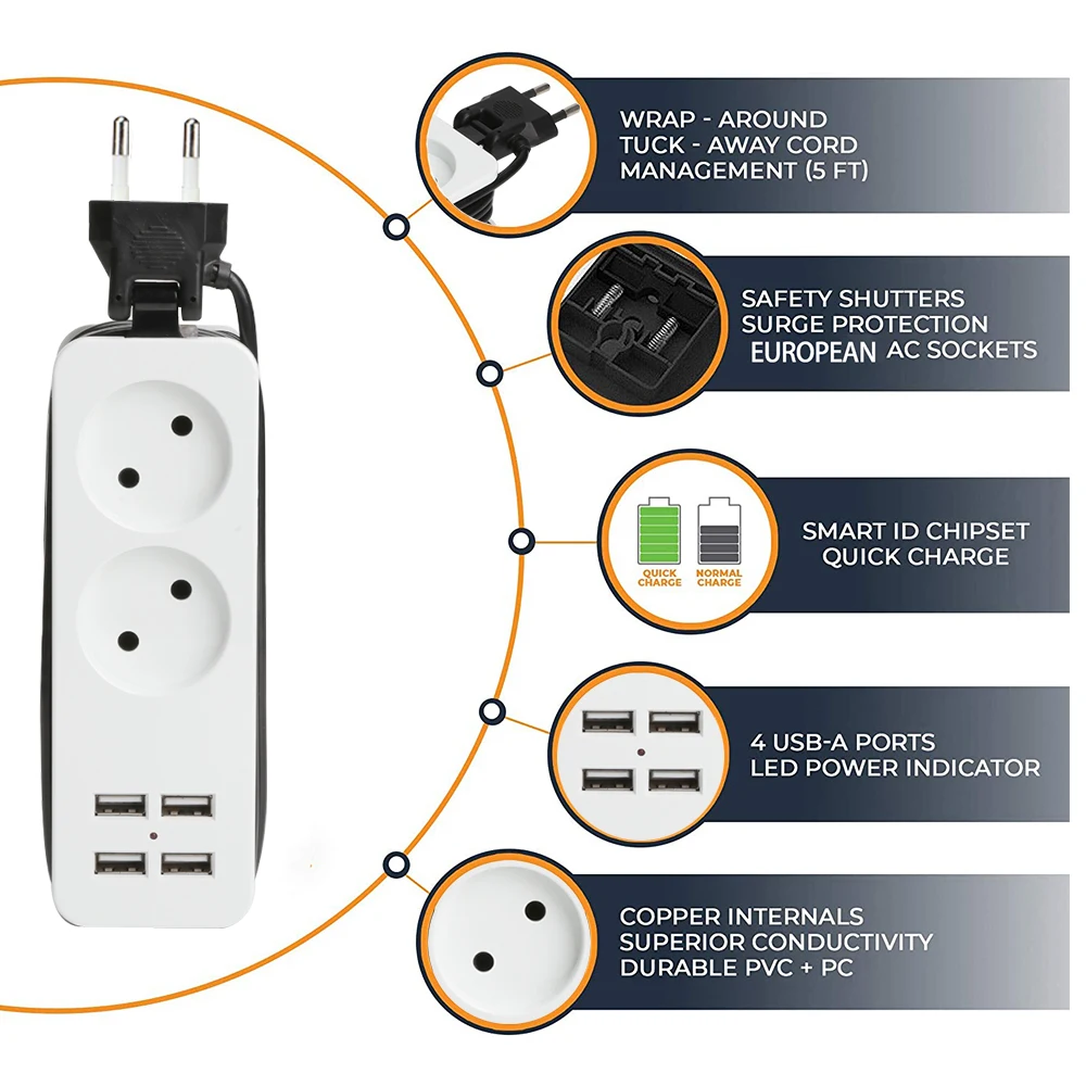 Европейская штепсельная розетка портативная настольная 1AC/2AC 4USB зарядная для