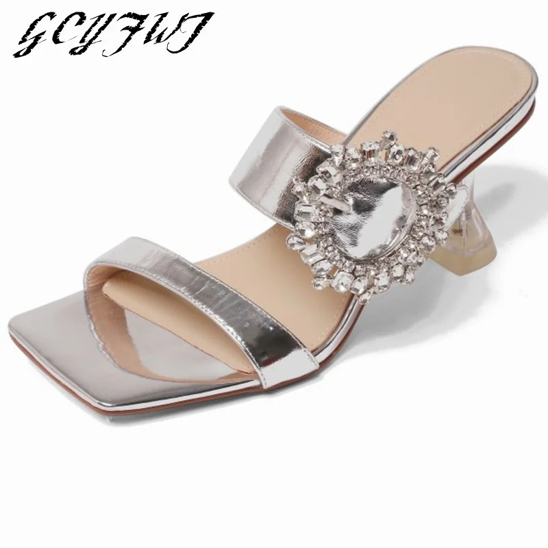 

Женские шлепанцы, Новинка лета 2021, женские туфли с открытым носком и квадратным носком со стразами, офисные Модные женские сандалии без шнур...