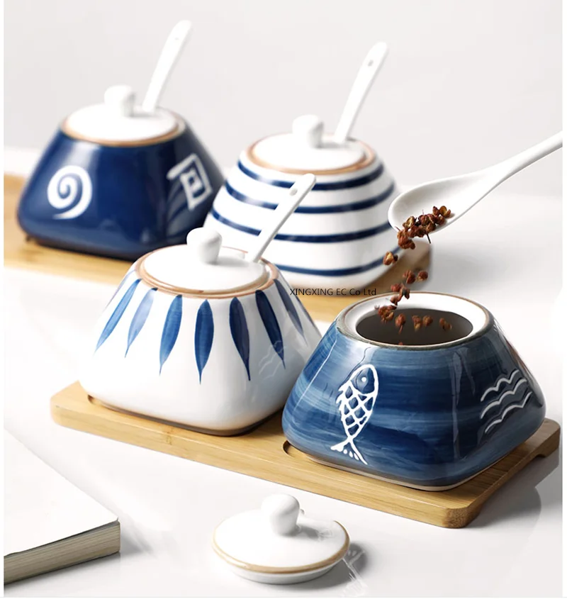 Японский Стиль полосатый сахарница Керамика набор горшочков бытовой солонка