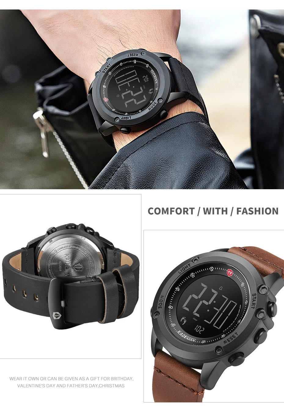 KADEMAN Tech цифровые часы модные спортивные мужские наручные часы Счетчик шагов 3ATM повседневные кожаные часы светодиодный дисплей Relogio Masculino