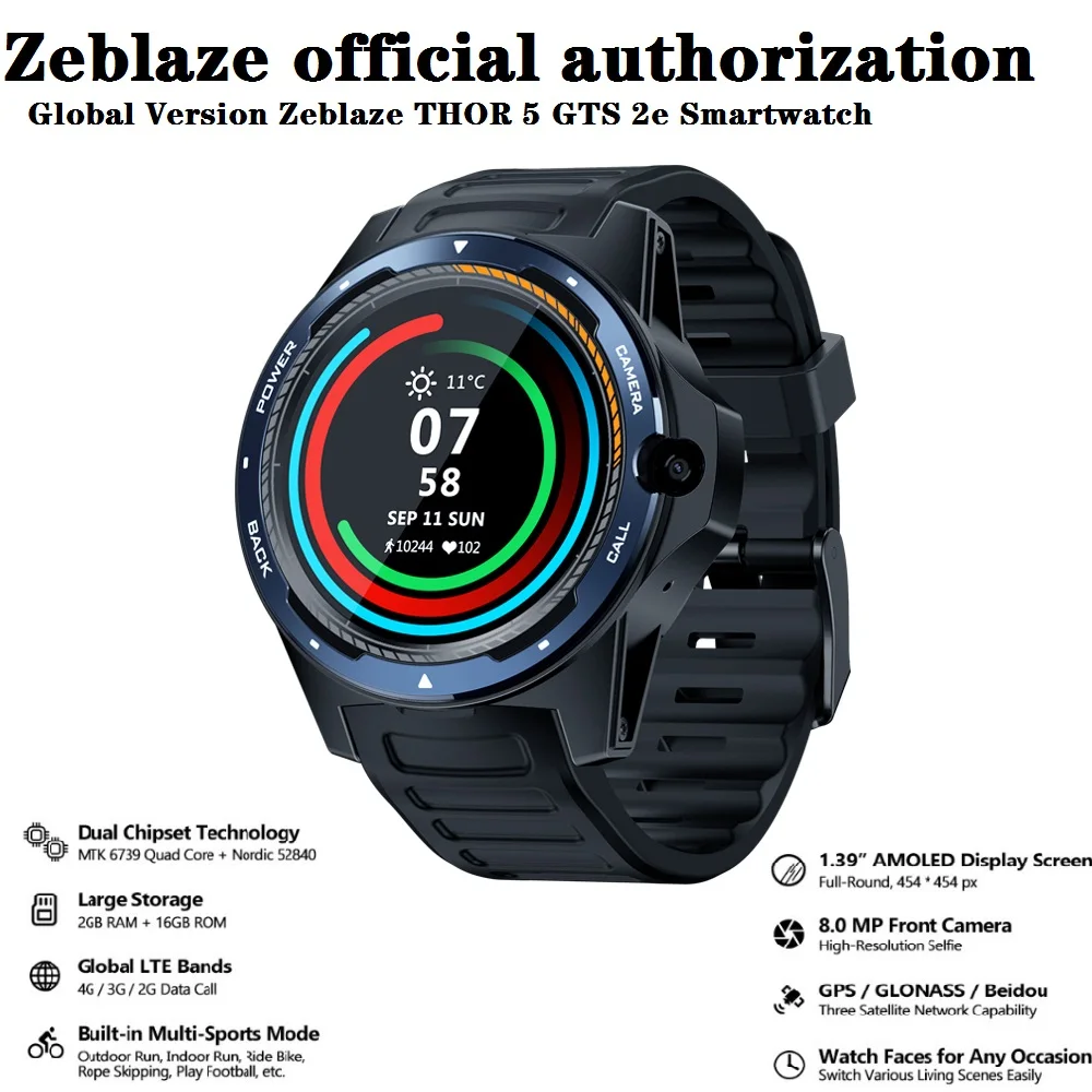 

Global Version Zeblaze THOR 5 Dual System Hybrid GTS 2e Smartwatch 1.39" AOMLED 454*454px 2GB 16GB 8.0MP Front Camera Smartwatch