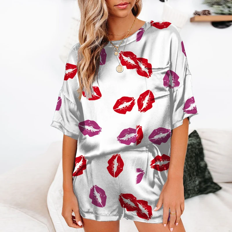 

Women Pajamas Sets Flower Heart Print Two Piece Set 2021 Summer Round Neck Short Sleeve Top and Shorts Spring Sleepwear Suit 3XL