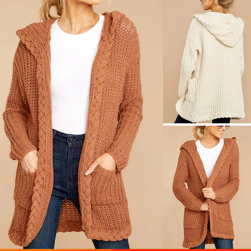 

Autumn Women Hooded Sweater Cardigans Fall Fashion Long Sleeve Knitted Sweater Coat Warm Winter Clothes Sueter Mujer Invierno
