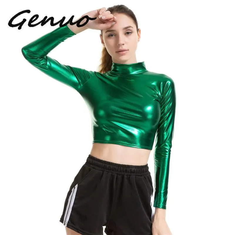 Женский укороченный Топ с длинным рукавом жидкий металлик водолазка в стиле панк
