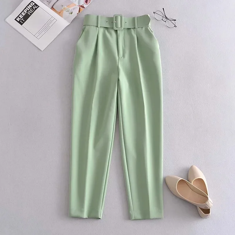 

Fashion Women solid color casual slim pants Sashes chic business Trousers female fake zipper pantalones mujer pants With belt