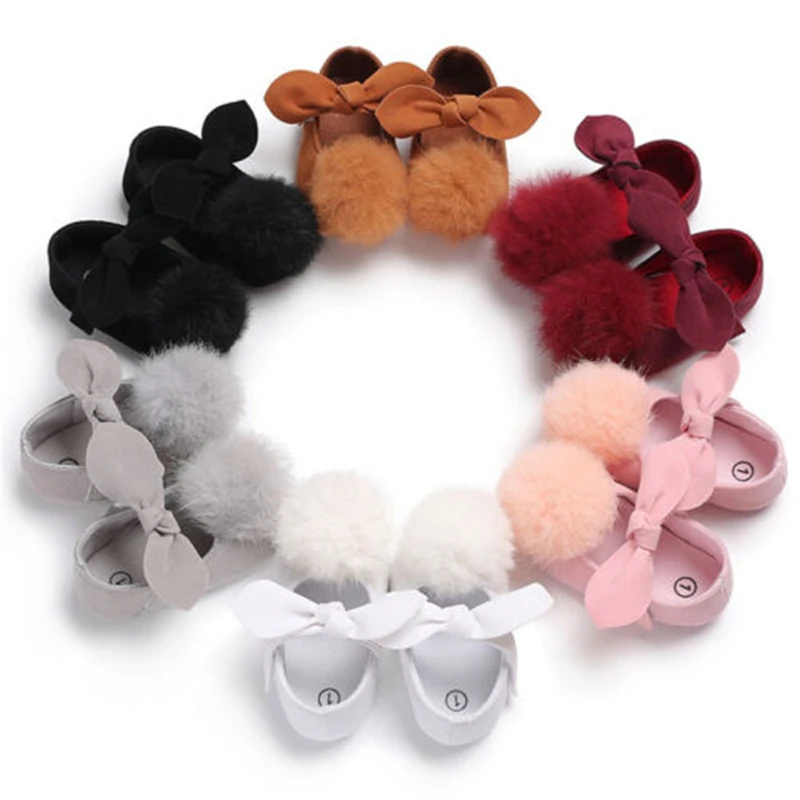 

Lovely Princess Baby Shoes Toddler Baby Girls Soft Cribs Shoes Bow Fur Balls Bowknot First Walkers Prewalker 0-18M