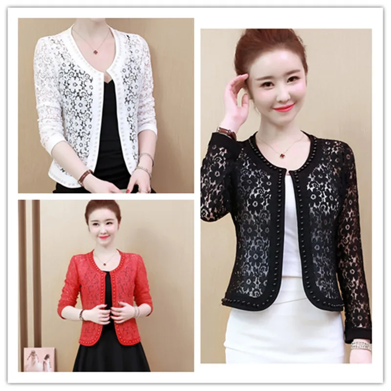 Модное белое/черное/красное женское болеро с длинным рукавом кружевная